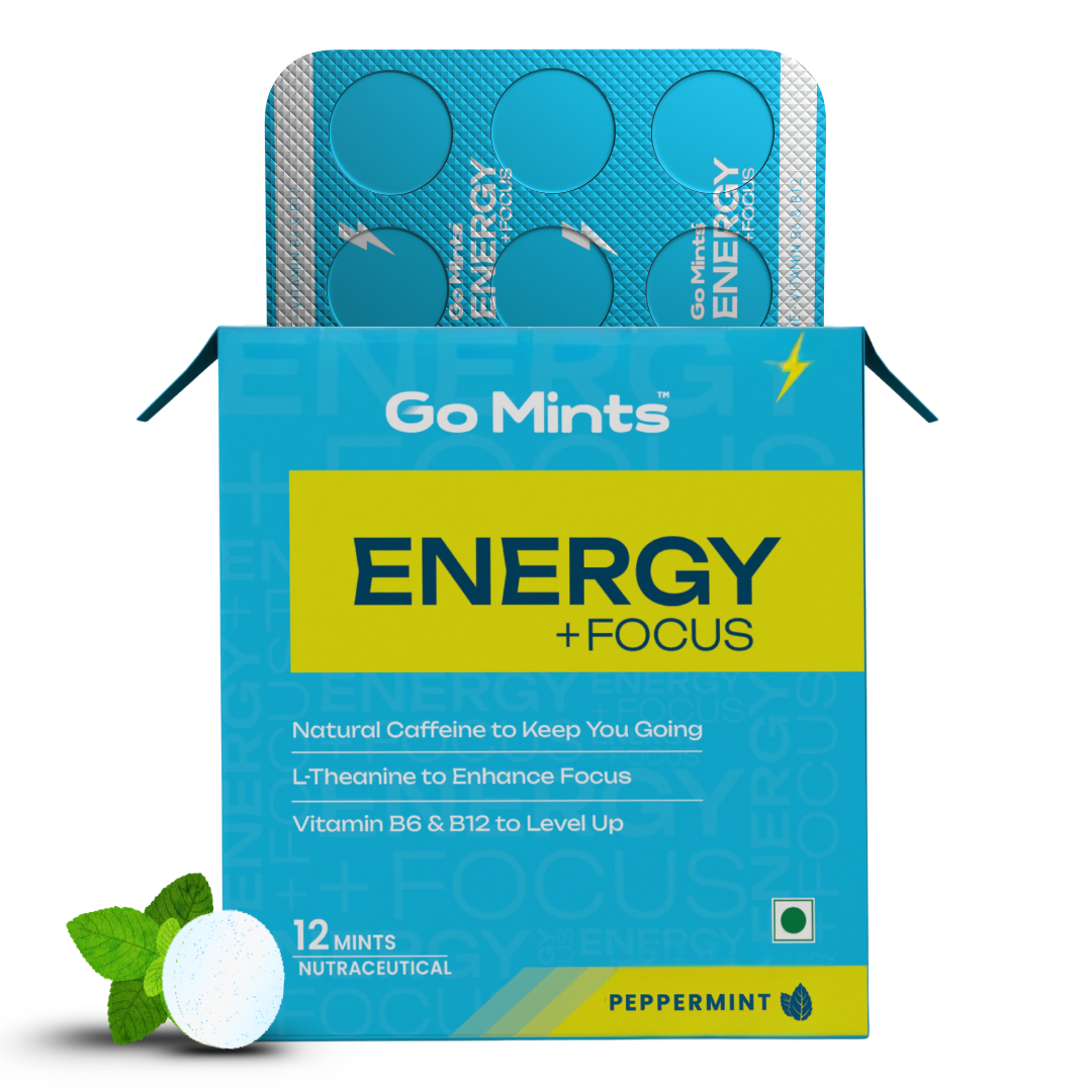 Go Mints Energy + Focus caffeinated mints peppermint pack with blister tablets