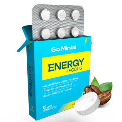 GoMints - Energy Mints for Sustained Energy & Quick Brain Boost For Focus | Natural Caffeine 50mg | L-theanine 75mg | Vitamin B6 & B12