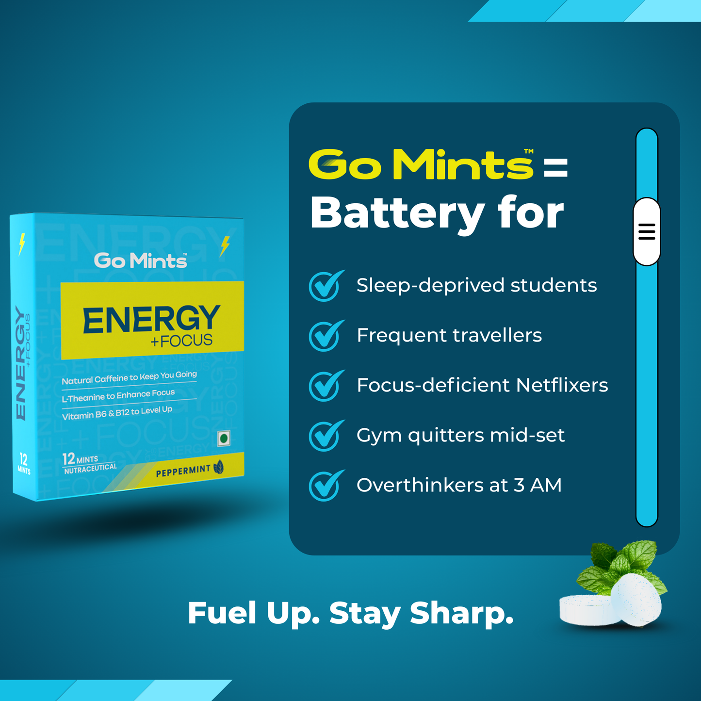 GoMints - Energy Mints for Sustained Energy & Quick Brain Boost | Natural Caffeine 50mg | L-theanine 75mg | Vitamin B6 & B12