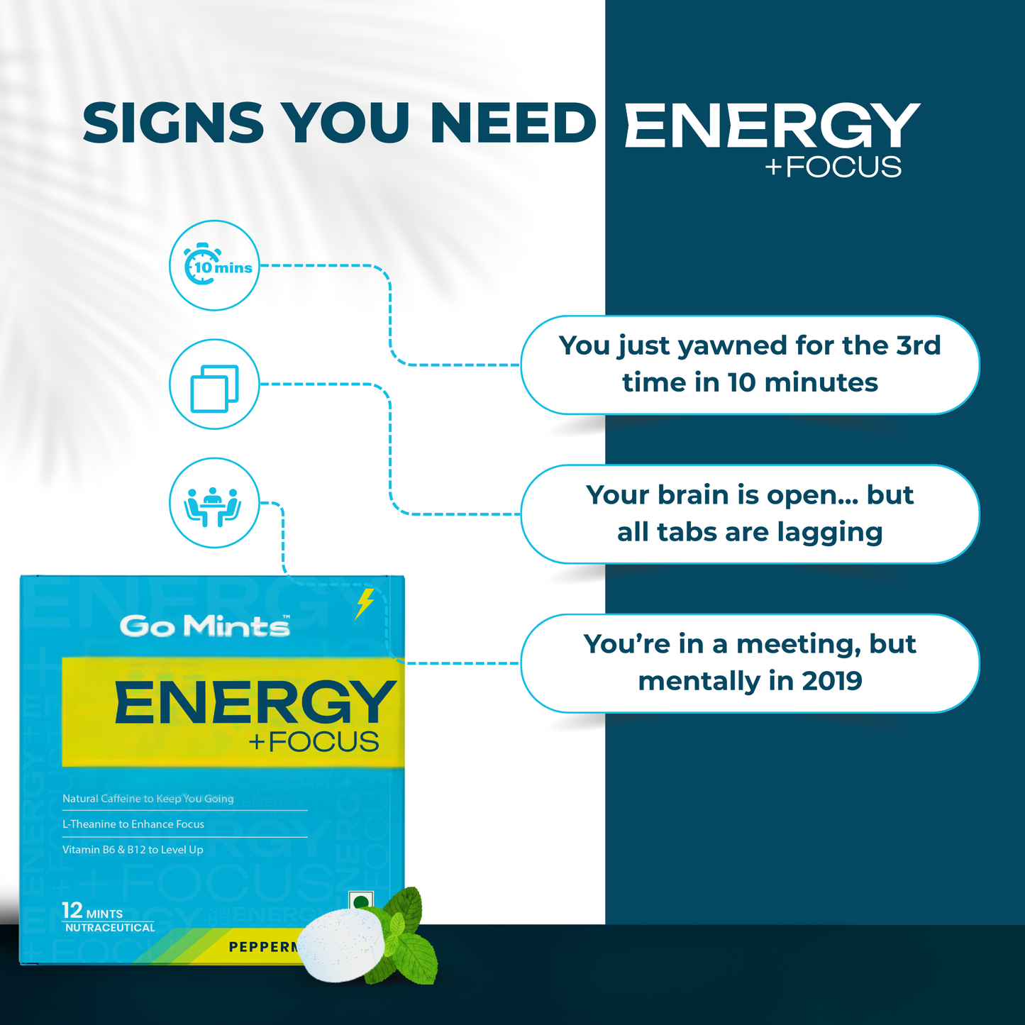 GoMints - Energy Mints for Sustained Energy & Quick Brain Boost | Natural Caffeine 50mg | L-theanine 75mg | Vitamin B6 & B12