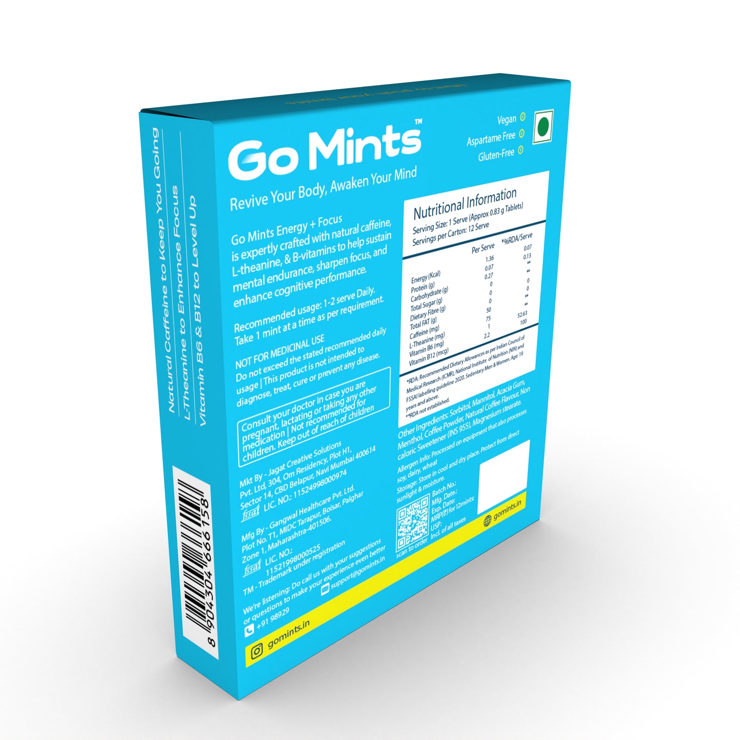 GoMints - Energy Mints for Sustained Energy & Quick Brain Boost | Natural Caffeine 50mg | L-theanine 75mg | Vitamin B6 & B12